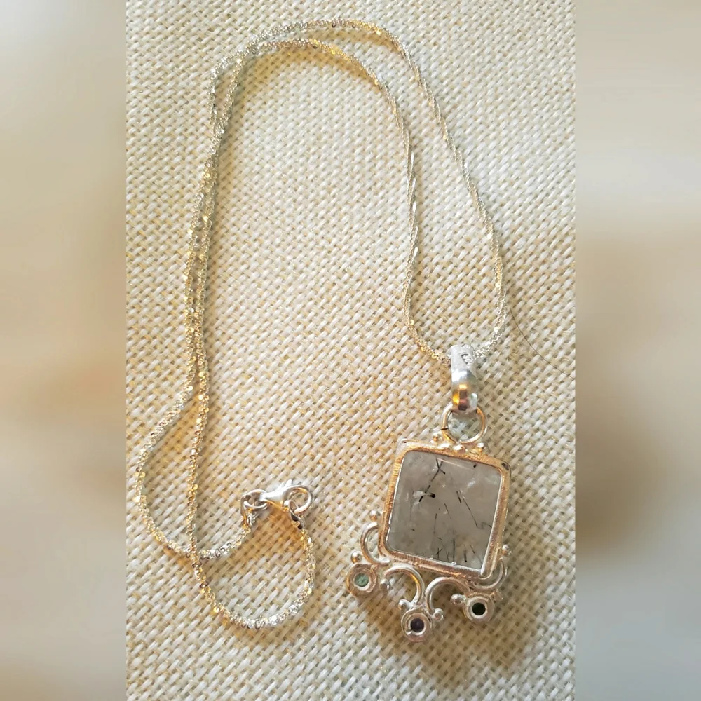 SOLD-Rutile Quartz, Peridot, and Amethyst Sterling Silver Necklace - Picture 9 of 12